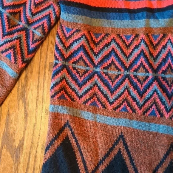 Hot & Delicious colorful tribal knit fringe Boho long open  duster/cardigan sz M - Picture 4 of 14